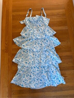 Light Blue Floral Tiered Ruffle Dress